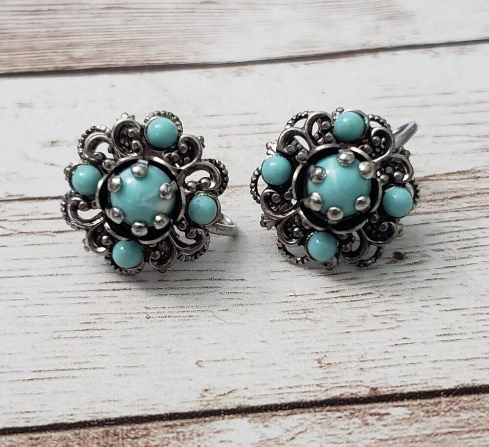 Vintage Screw Back Earrings Silver Tone & Turquoise Tone Ornate 0.75"